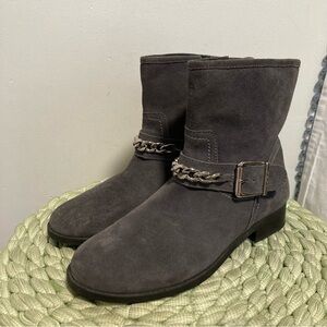 Vionic Cresent Gray Suede Silver Link Chain Flat Mid Calf Boots
